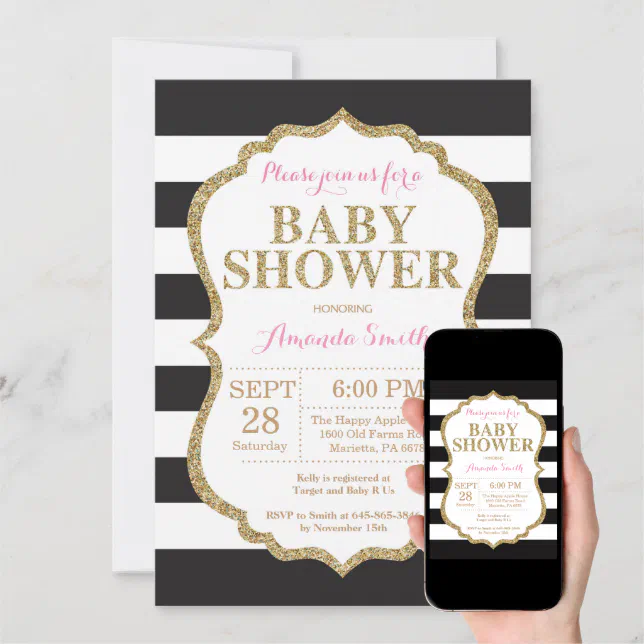 Black and Gold Baby Shower Invitation Glitter | Zazzle