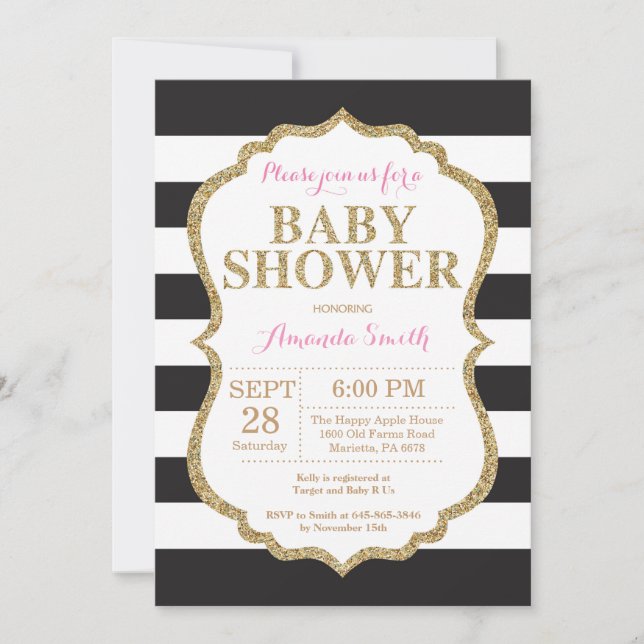 Black and Gold Baby Shower Invitation Glitter (Front)