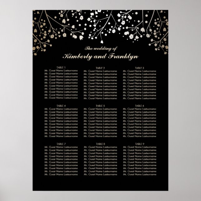 Black and Gold Baby's Breath Wedding Seating Chart (Front)