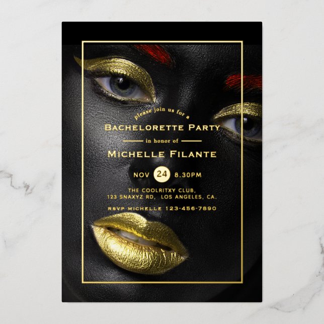 Black and Gold Bachelorette Party Foil Invitation (Front)