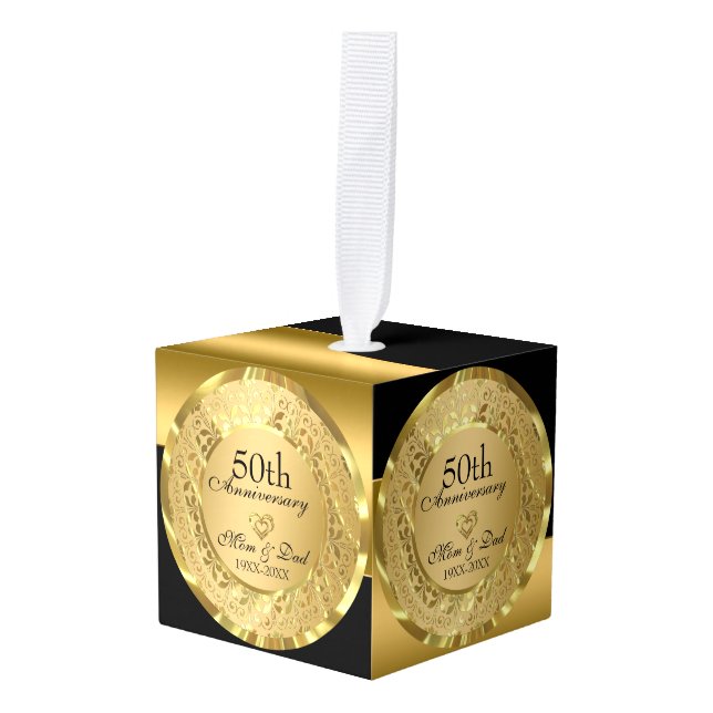 Black And Gold Background Gold Heart Cube Ornament (Front Angled)