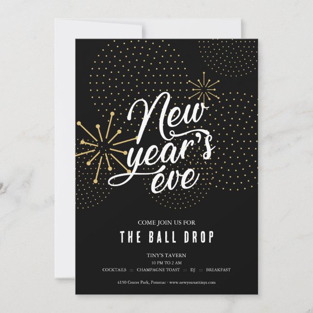Black and Gold Ball Drop New Year's Eve Party Invitation (Front)