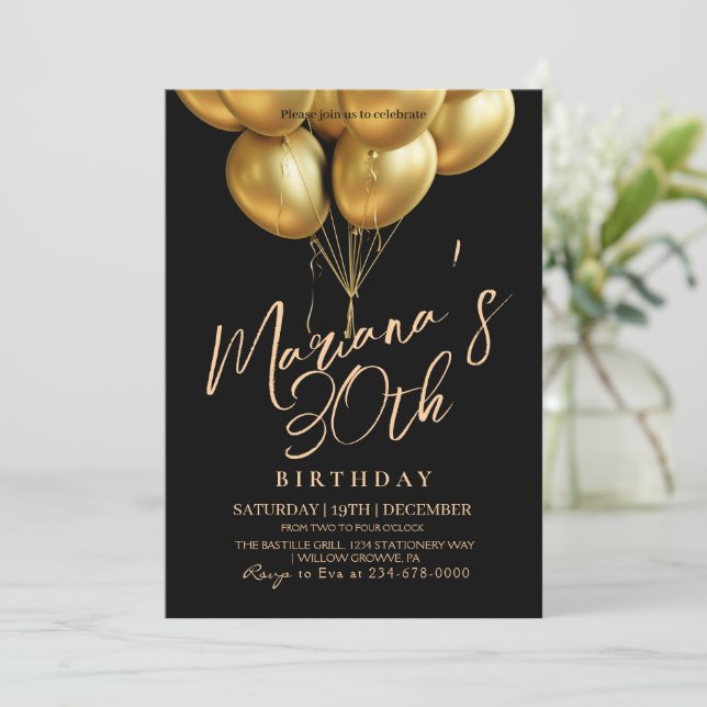 Black and Gold Balloon 30th Birthday Party Invitation (Standing Front)