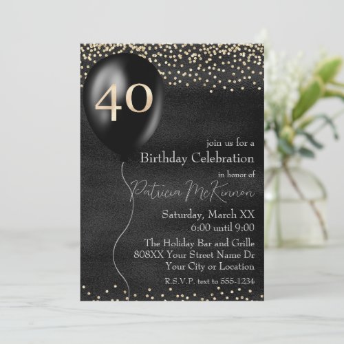 Black and Gold Balloon 40th Birthday Invitation