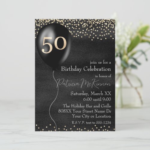 Black and Gold Balloon 50th Birthday Invitation