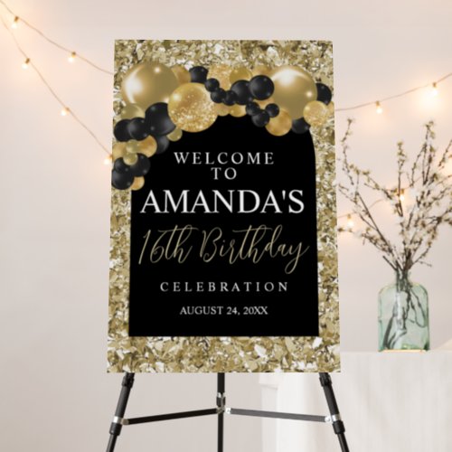 Black and Gold Balloon Arch Welcome Sign