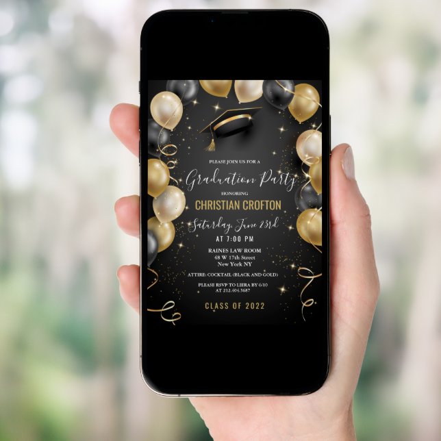 Black and Gold Balloon Graduation Party Invitation (Front Digital)