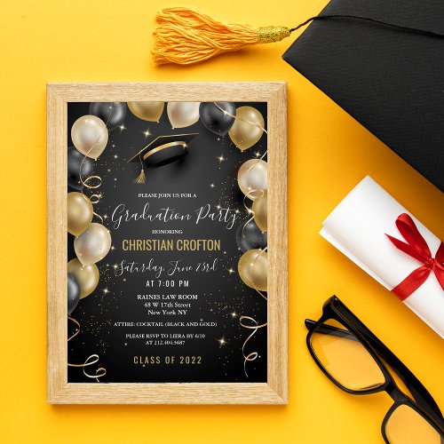 Black and Gold Balloon Graduation Party Invitation