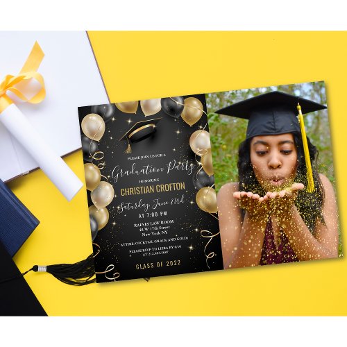 Black and Gold Balloon Graduation Party Invitation