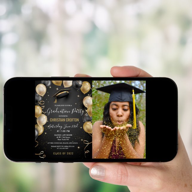 Black and Gold Balloon Graduation Party Invitation (Front Digital)