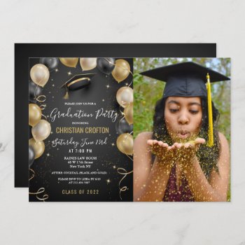 Black And Gold Balloon Graduation Party Invitation by PaperandPomp at Zazzle