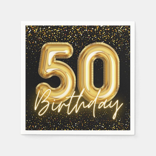 Black And Gold Balloon Numbers 50th Birthday Party Napkins (Front)