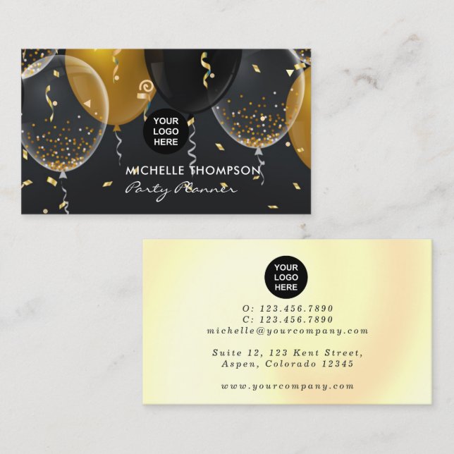 Black and Gold Balloon Party Planner Business Card (Front/Back)