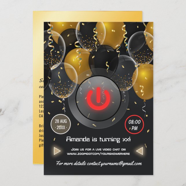 Black and Gold Balloon Virtual Birthday Party Invitation (Front/Back)