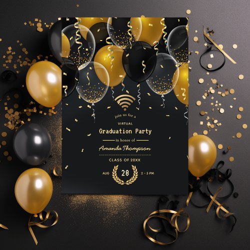 Black and Gold Balloon Virtual Graduation Party Invitation