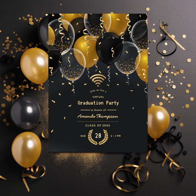 Black and Gold Balloon Virtual Graduation Party Invitation (Creator Uploaded)