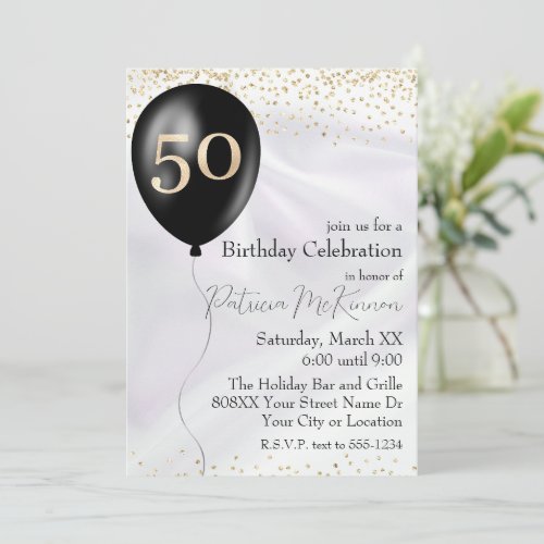 Black and Gold Balloon White Satin 50th Birthday Invitation