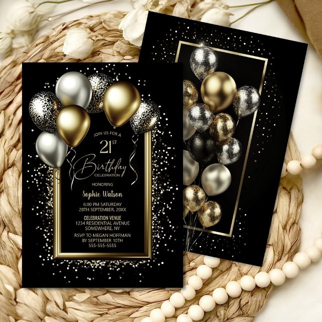Black and Gold Balloons 21st Birthday Party Invitation (Creator Uploaded)