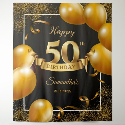 Black and gold balloons 50th birthday backdrop