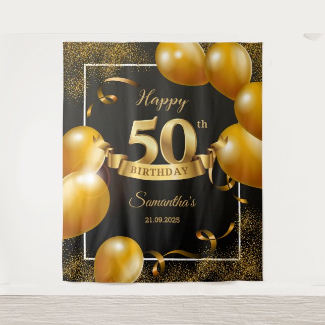 Black and gold balloons 50th birthday backdrop (Front)