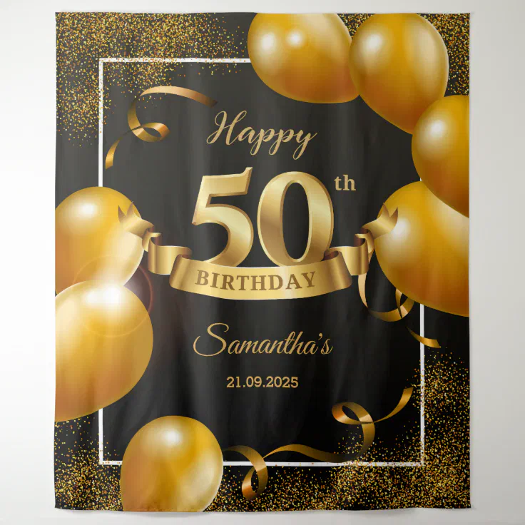 Black and gold balloons 50th birthday backdrop | Zazzle