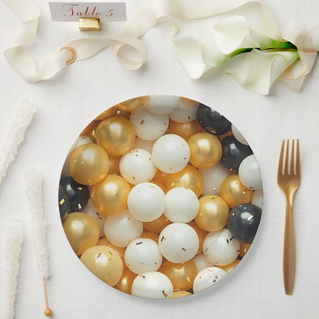 Black and Gold Balloons Anniversary Paper Plates (Wedding)