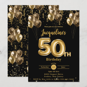 Black and Gold Balloons Confetti 50th Birthday  Invitation