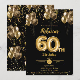 Black and Gold Balloons Confetti 60th Birthday  Invitation