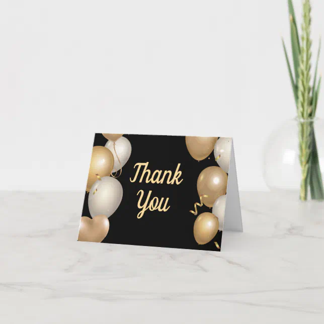 Black and Gold Balloons Confetti Thank You Card | Zazzle