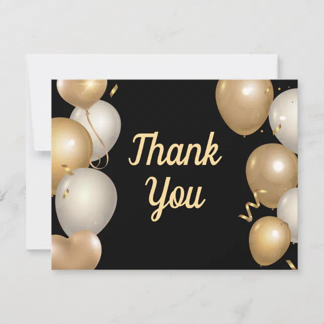 Black and Gold Balloons Confetti Thank You Card | Zazzle