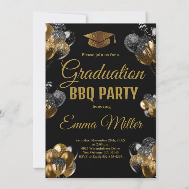 Black and Gold Balloons Graduation BBQ Party Invitation (Front)