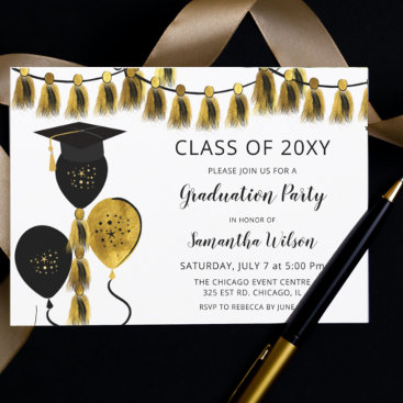 Black and Gold Balloons Graduation Party Invitation