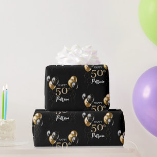 Black and Gold Balloons Happy 50th Birthday Wrapping Paper