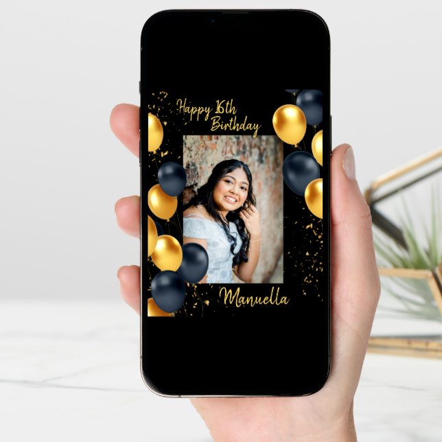 Black and gold balloons one photo birthday card (Front Digital)