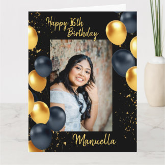 Black and gold balloons one photo birthday card
