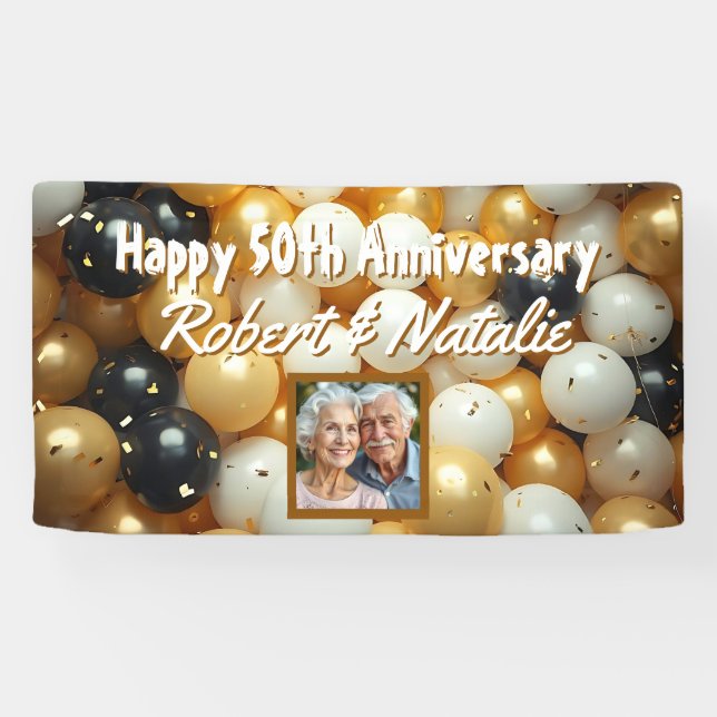 Black and Gold Balloons | Personalized Anniversary Banner (Horizontal)