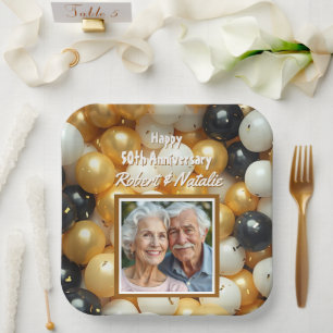 Black and Gold Balloons Personalized Anniversary Paper Plates