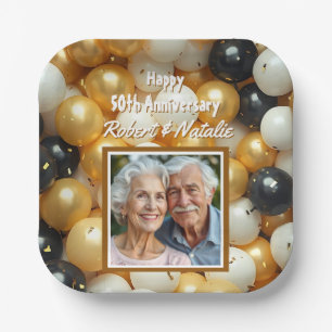 Black and Gold Balloons   Personalized Anniversary Paper Plates