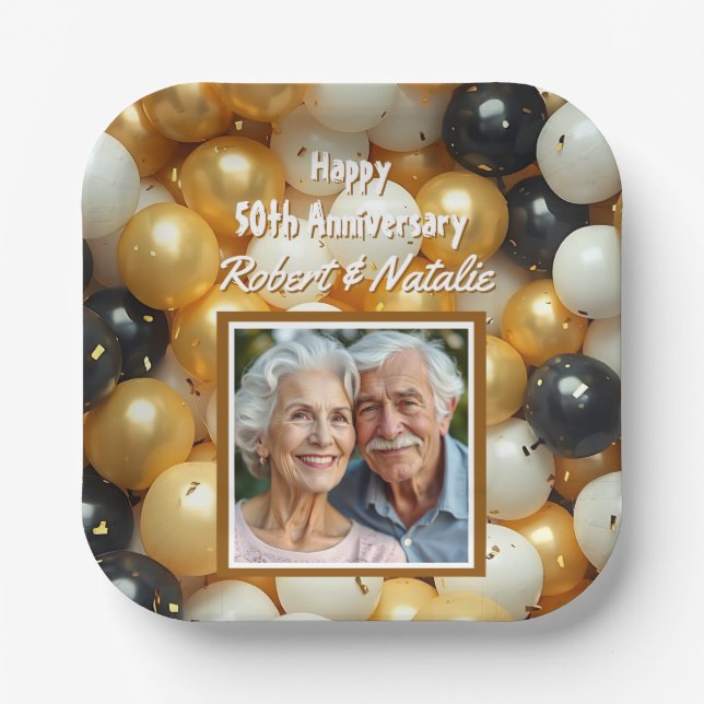 Black and Gold Balloons | Personalized Anniversary Paper Plates (Front)
