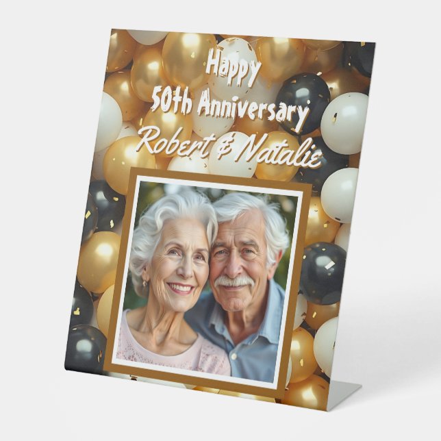 Black and Gold Balloons | Personalized Anniversary Pedestal Sign (Front)