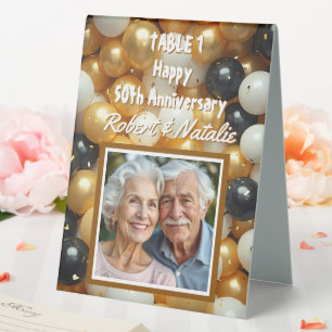 Black and Gold Balloons   Personalized Anniversary Table Tent