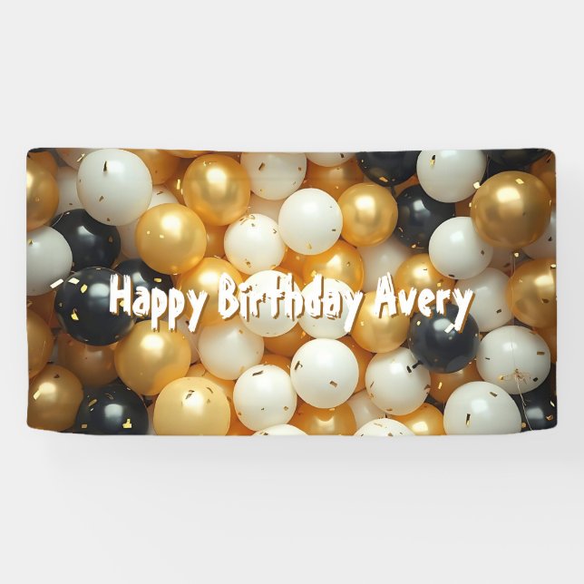 Black and Gold Balloons | Personalized Birthday Banner (Horizontal)