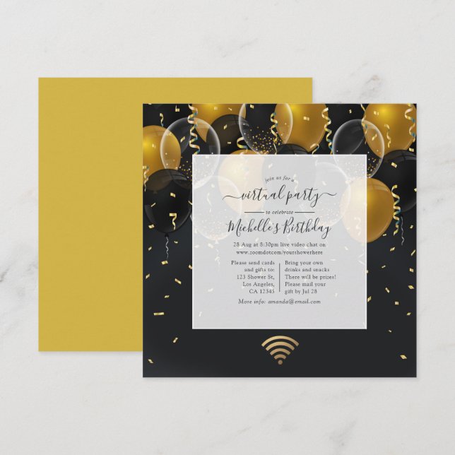 Black and Gold Balloons Virtual Birthday Party Invitation (Front/Back)
