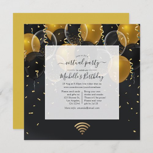 Black and Gold Balloons Virtual Birthday Party Invitation