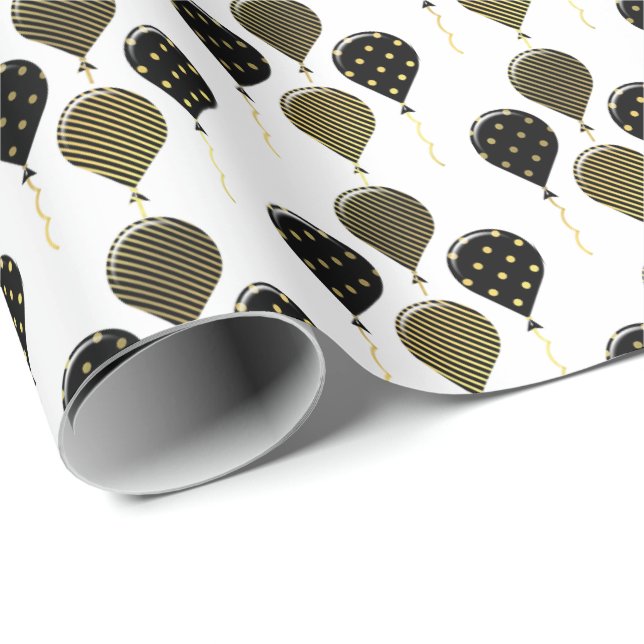 Black and Gold Balloons Wrapping Gift Wrap Paper (Roll Corner)