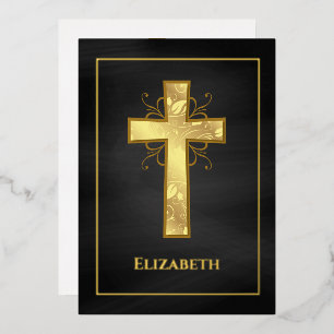 Black and Gold Baptism or Christening Filigree Foil Invitation