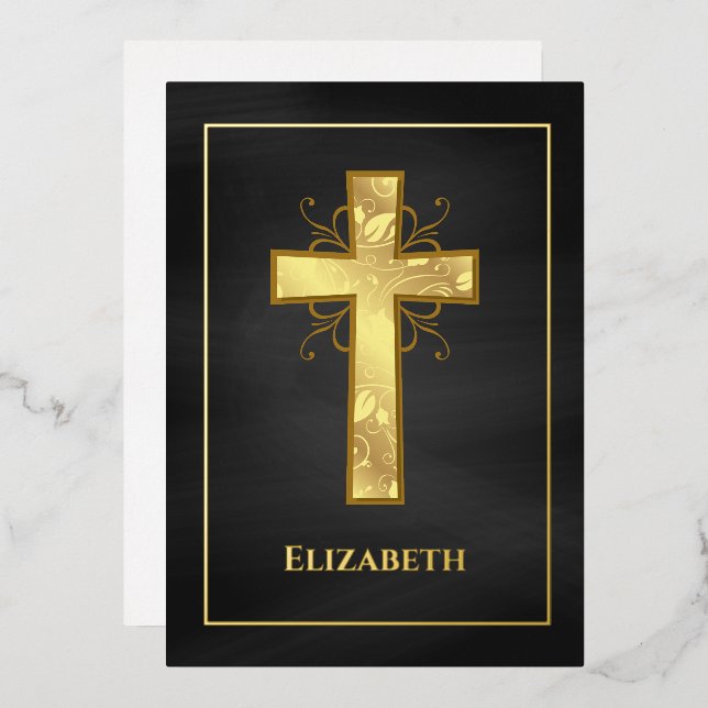 Black and Gold Baptism or Christening Filigree Foil Invitation (Front/Back)