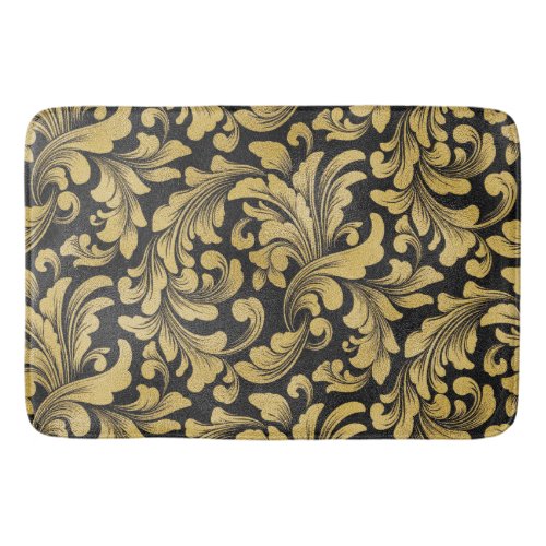 Black and gold baroque floral damask pattern bath mat