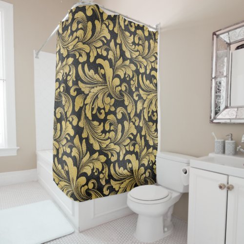 Black and gold baroque floral damask pattern shower curtain
