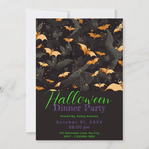 Black and Gold Bats Halloween Dinner Party Invitation